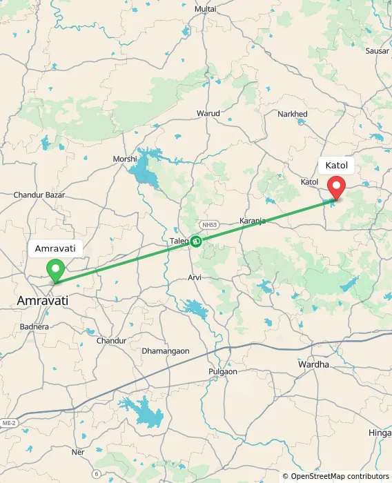 Route map showing distance and travel time from Amravati, India to Katol, India