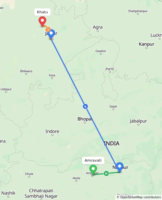 Route map showing distance and travel time from Amravati, India to Khatu, India