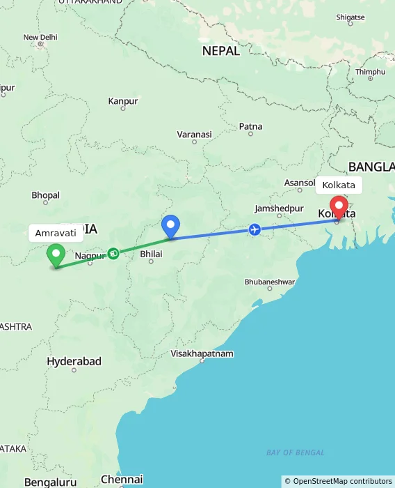 Route map showing distance and travel time from Amravati, India to Kolkata, India