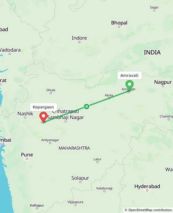 Route map showing distance and travel time from Amravati, India to Kopargaon, India