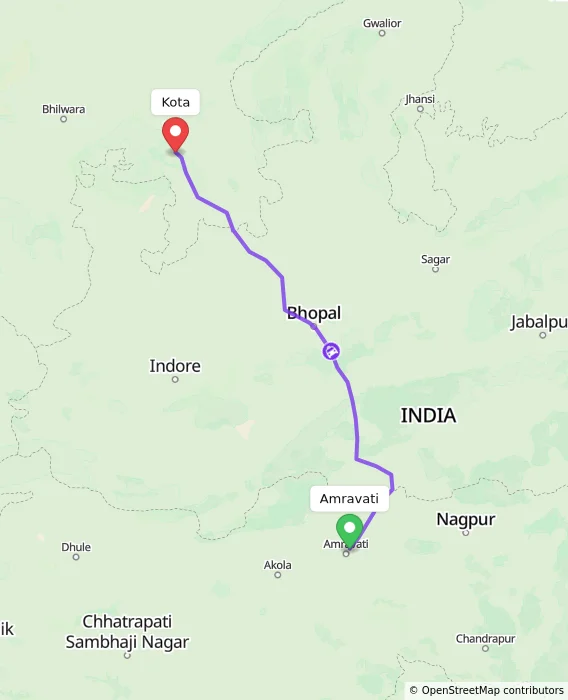 Route map showing distance and travel time from Amravati, India to Kota, India