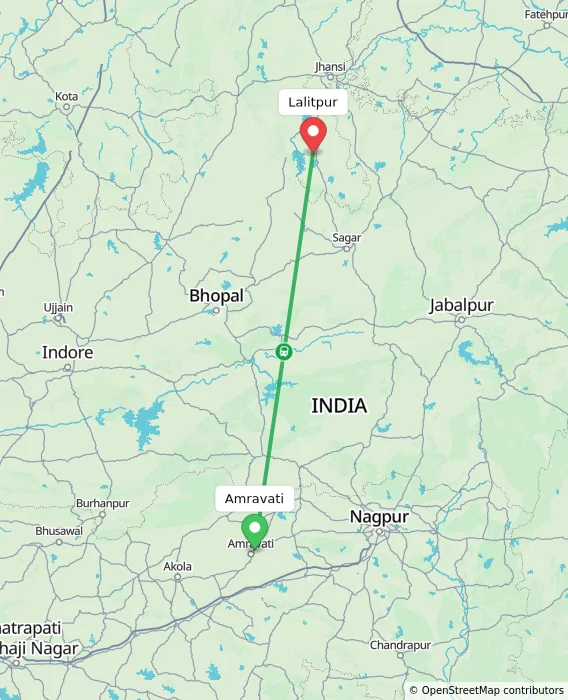 Route map showing distance and travel time from Amravati, India to Lalitpur, India