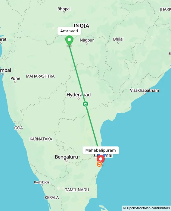 Route map showing distance and travel time from Amravati, India to Mahabalipuram, India