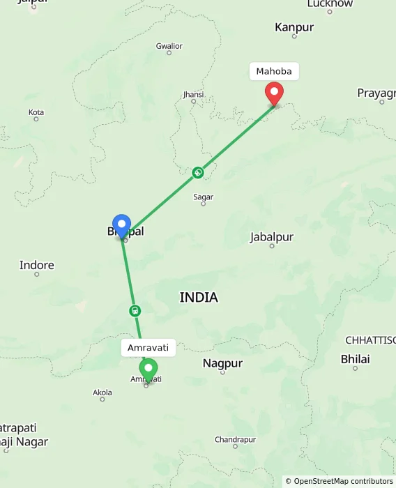 Route map showing distance and travel time from Amravati, India to Mahoba, India