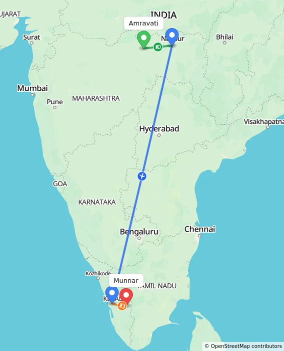 Route map showing distance and travel time from Amravati, India to Munnar, India