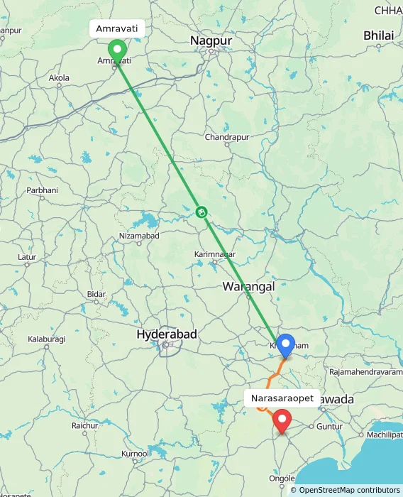 Route map showing distance and travel time from Amravati, India to Narasaraopet, India