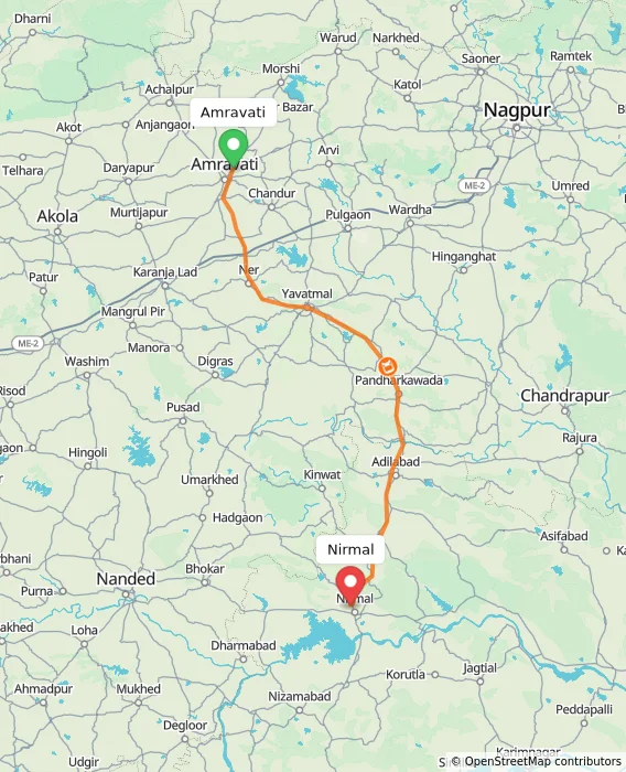 Route map showing distance and travel time from Amravati, India to Nirmal, India