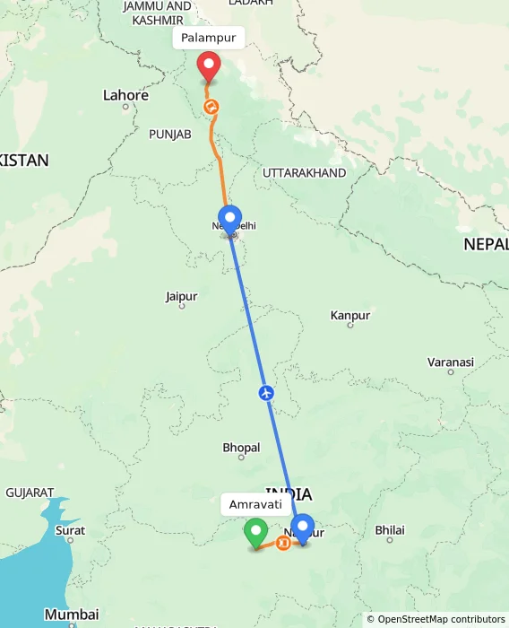 Route map showing distance and travel time from Amravati, India to Palampur, India
