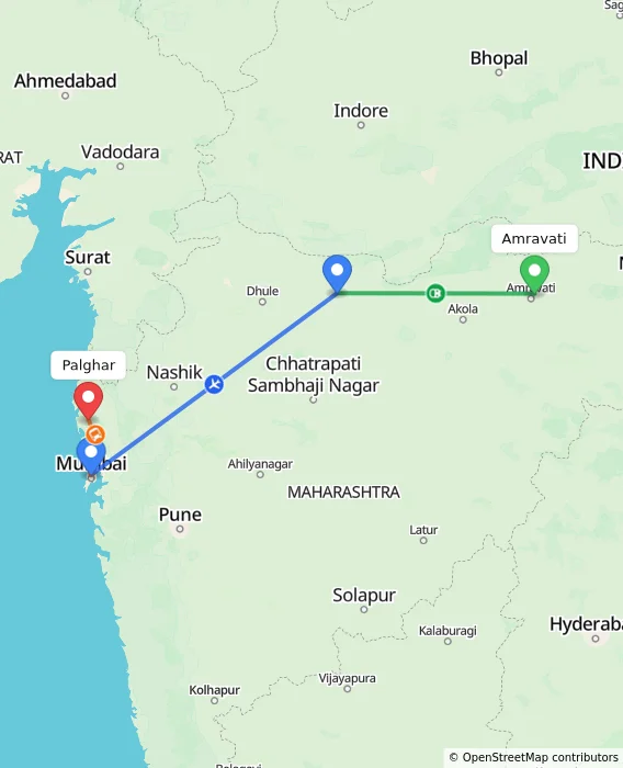 Route map showing distance and travel time from Amravati, India to Palghar, India