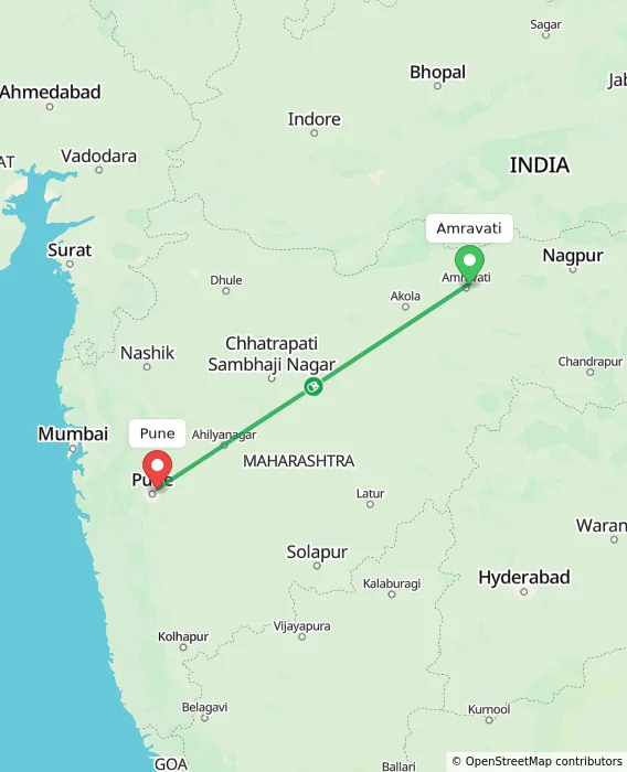 Route map showing distance and travel time from Amravati, India to Pune, India
