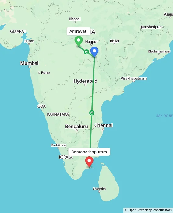 Route map showing distance and travel time from Amravati, India to Ramanathapuram, India