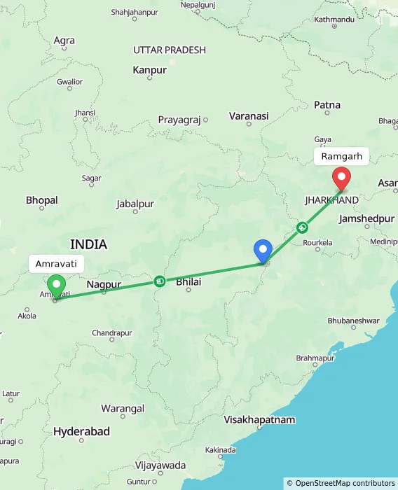 Route map showing distance and travel time from Amravati, India to Ramgarh, India