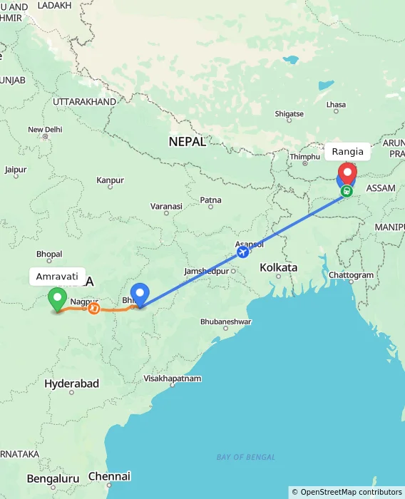 Route map showing distance and travel time from Amravati, India to Rangia, India