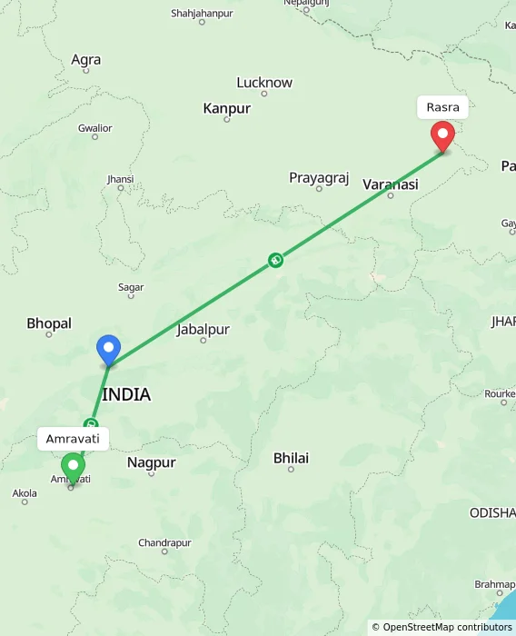 Route map showing distance and travel time from Amravati, India to Rasra, India