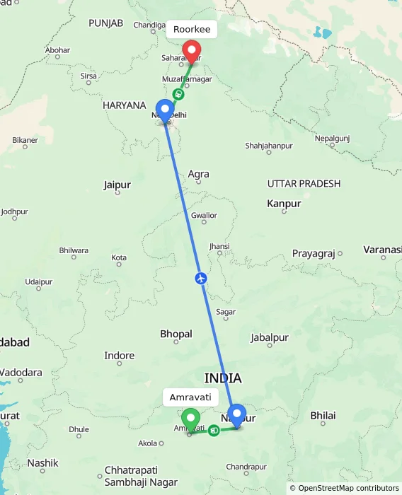 Route map showing distance and travel time from Amravati, India to Roorkee, India