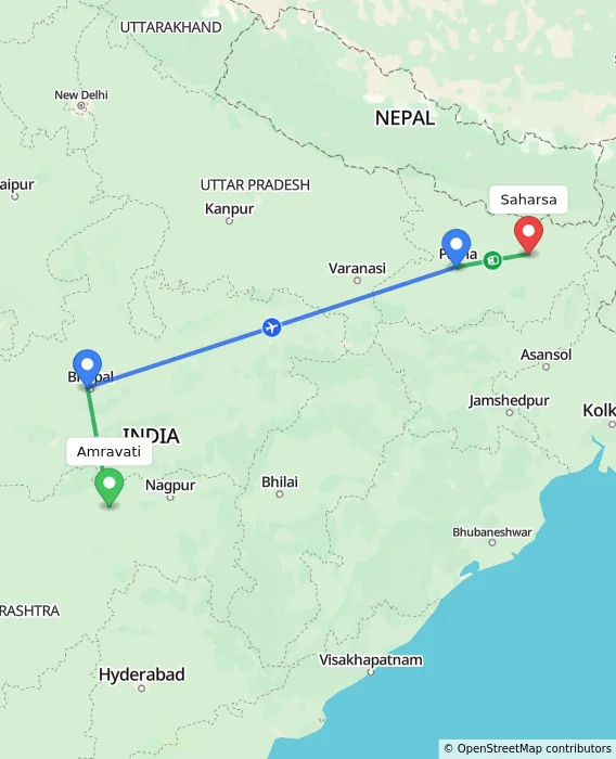 Route map showing distance and travel time from Amravati, India to Saharsa, India