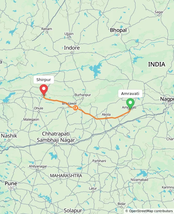 Route map showing distance and travel time from Amravati, India to Shirpur, India