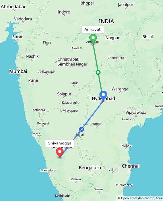 Route map showing distance and travel time from Amravati, India to Shivamogga, India