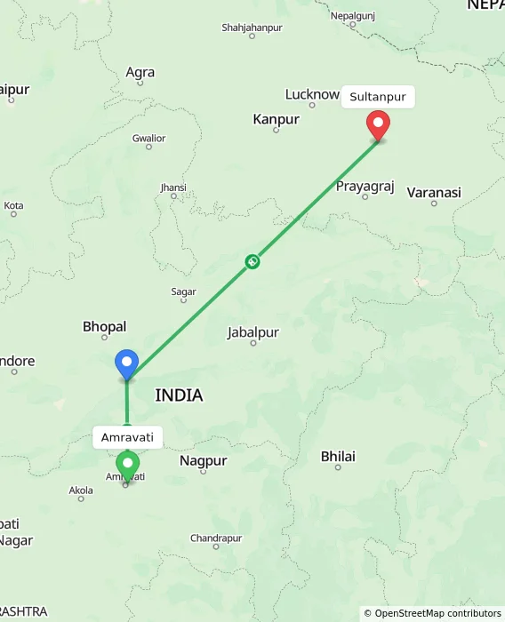 Route map showing distance and travel time from Amravati, India to Sultanpur, India