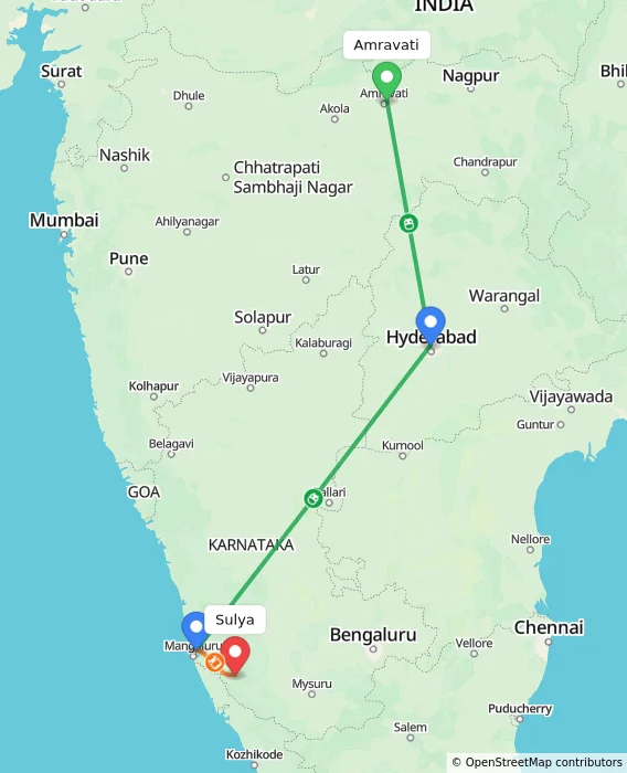 Route map showing distance and travel time from Amravati, India to Sulya, India