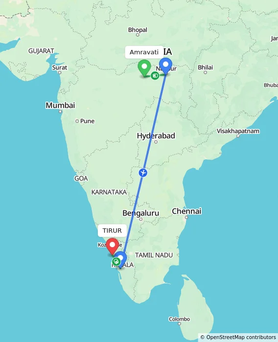 Route map showing distance and travel time from Amravati, India to TIRUR, India