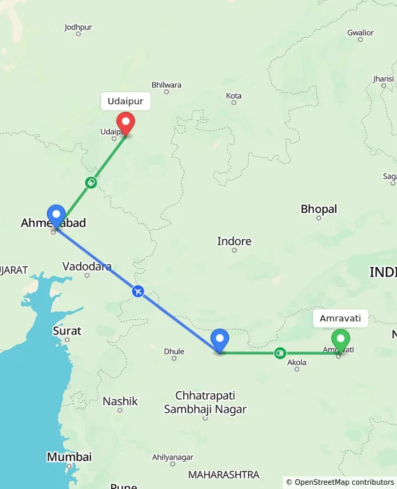 Route map showing distance and travel time from Amravati, India to Udaipur, India
