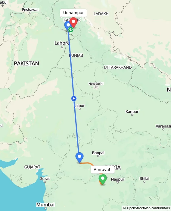 Route map showing distance and travel time from Amravati, India to Udhampur, India