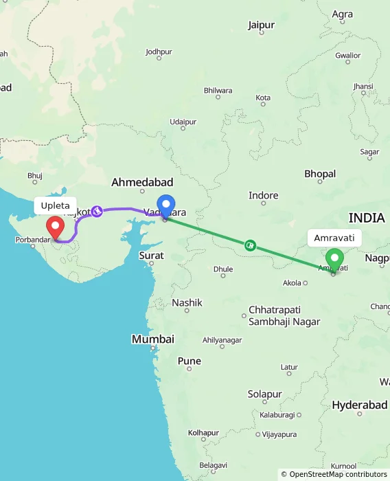 Route map showing distance and travel time from Amravati, India to Upleta, India
