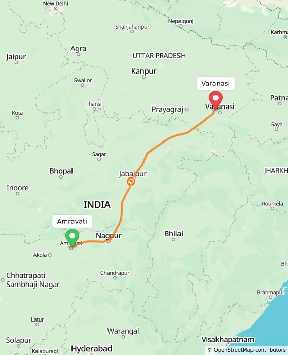 Route map showing distance and travel time from Amravati, India to Varanasi, India