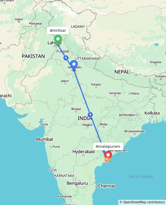 Route map showing distance and travel time from Amritsar, India to Amalapuram, India