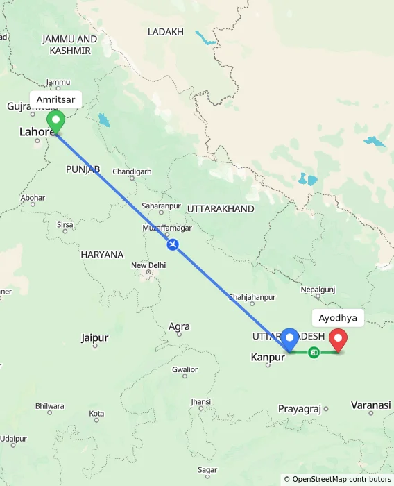 Route map showing distance and travel time from Amritsar, India to Ayodhya, India
