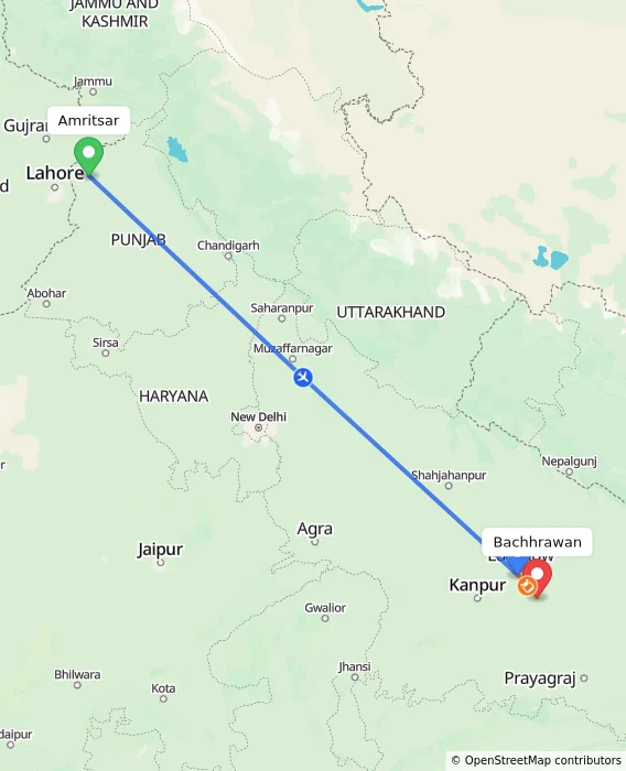 Route map showing distance and travel time from Amritsar, India to Bachhrawan, India