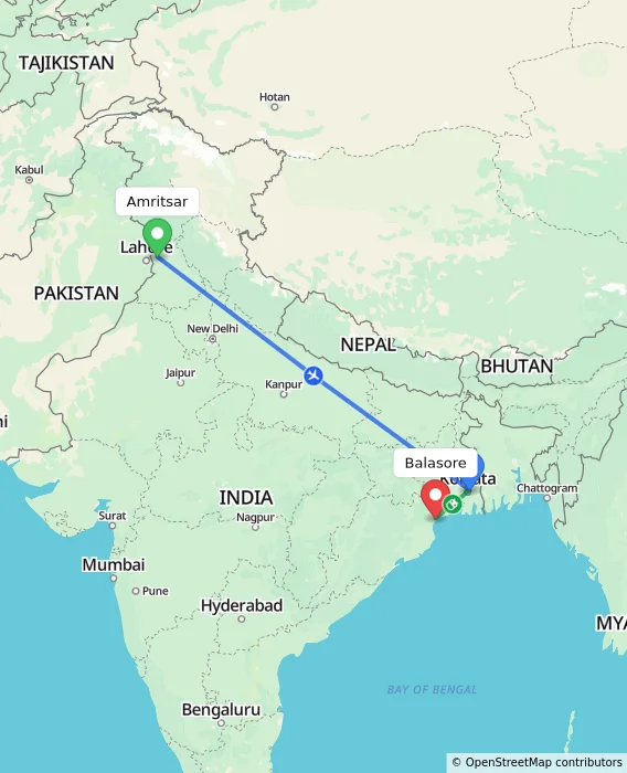 Route map showing distance and travel time from Amritsar, India to Balasore, India