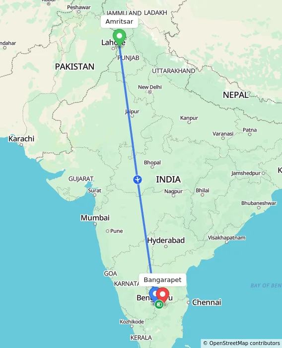 Route map showing distance and travel time from Amritsar, India to Bangarapet, India