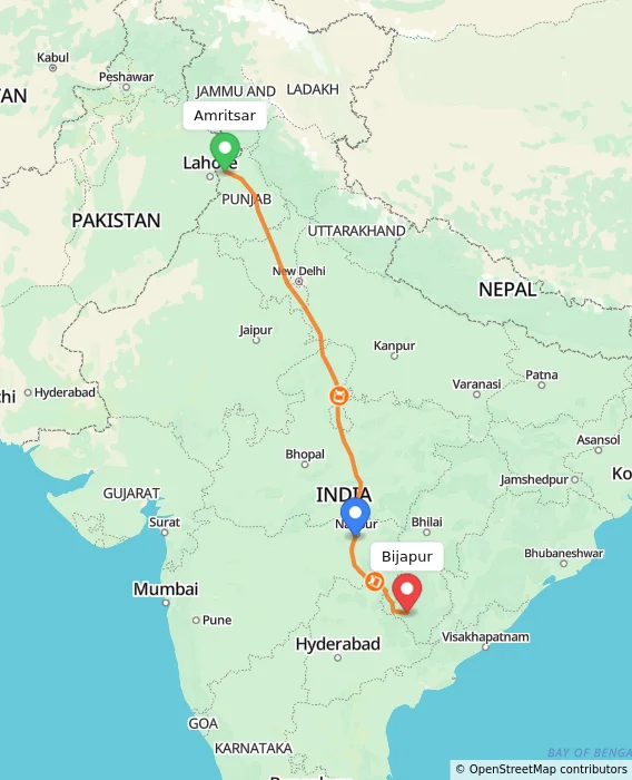 Route map showing distance and travel time from Amritsar, India to Bijapur, India