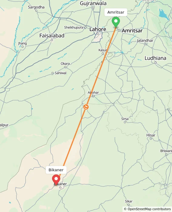 Route map showing distance and travel time from Amritsar, India to Bikaner, India