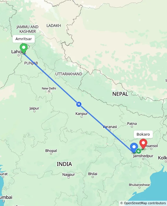 Route map showing distance and travel time from Amritsar, India to Bokaro, India