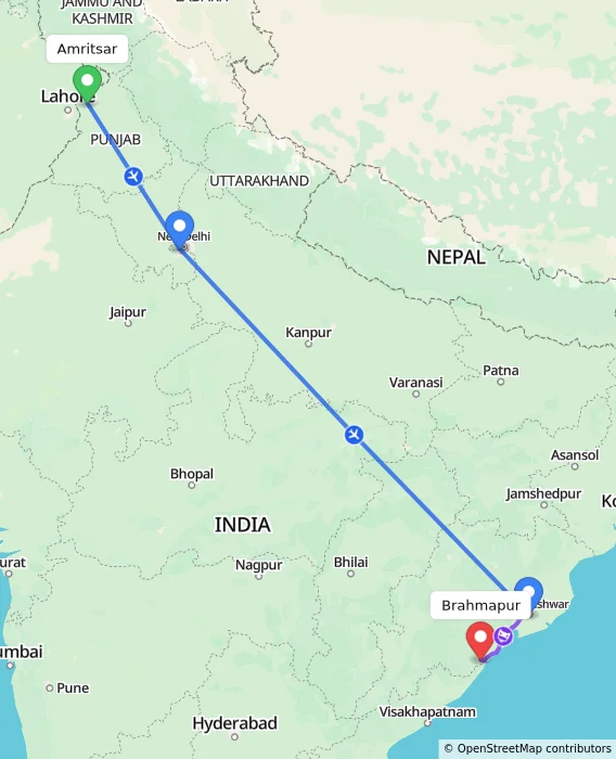 Route map showing distance and travel time from Amritsar, India to Brahmapur, India
