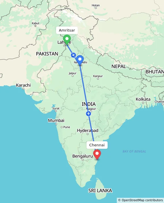 Route map showing distance and travel time from Amritsar, India to Chennai, India