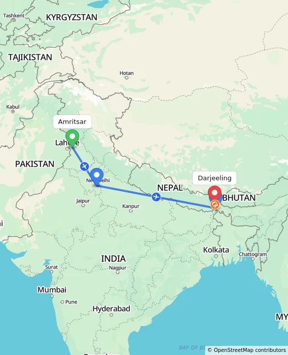 Route map showing distance and travel time from Amritsar, India to Darjeeling, India