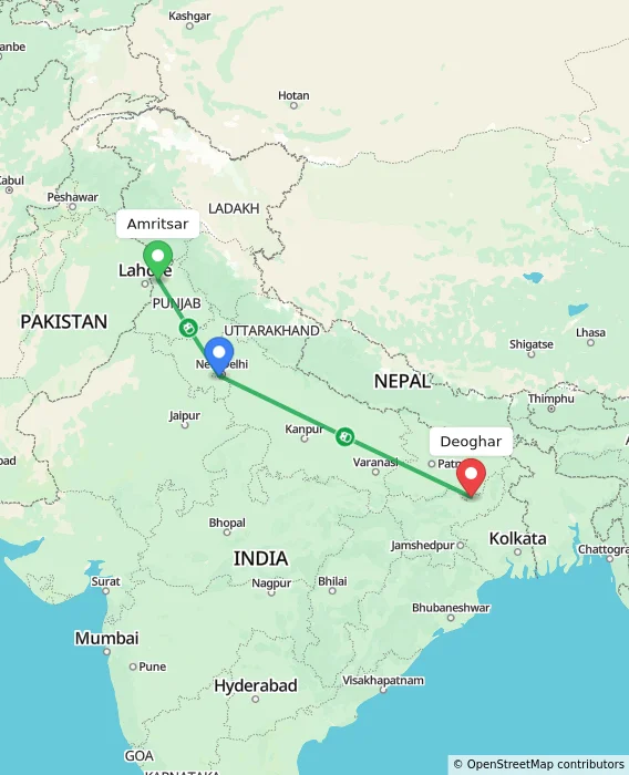 Route map showing distance and travel time from Amritsar, India to Deoghar, India