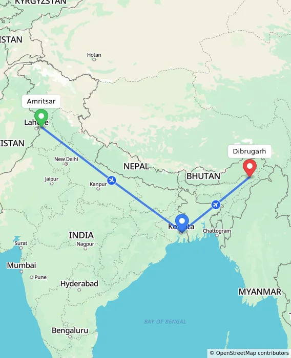 Route map showing distance and travel time from Amritsar, India to Dibrugarh, India