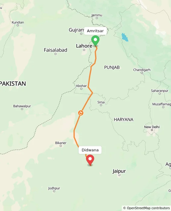 Route map showing distance and travel time from Amritsar, India to Didwana, India