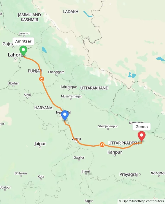 Route map showing distance and travel time from Amritsar, India to Gonda, India