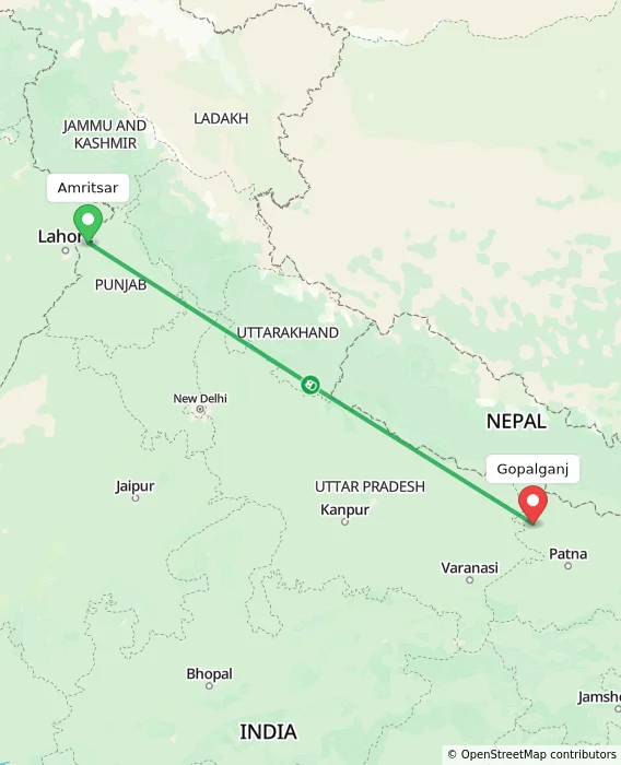 Route map showing distance and travel time from Amritsar, India to Gopalganj, India