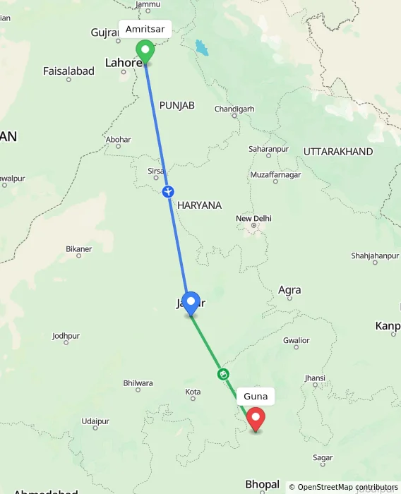 Route map showing distance and travel time from Amritsar, India to Guna, India