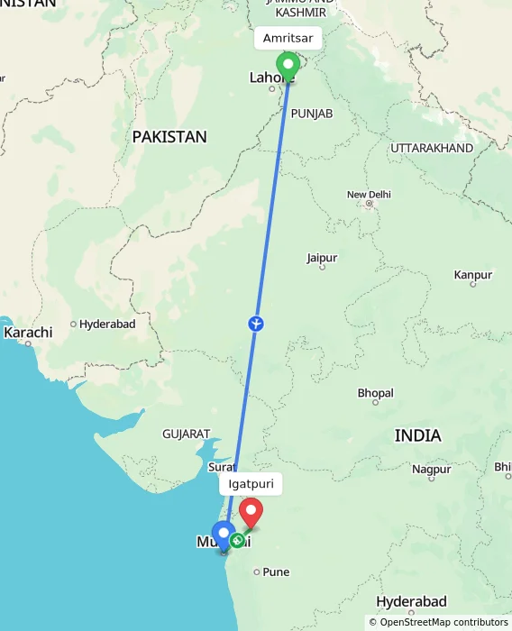 Route map showing distance and travel time from Amritsar, India to Igatpuri, India