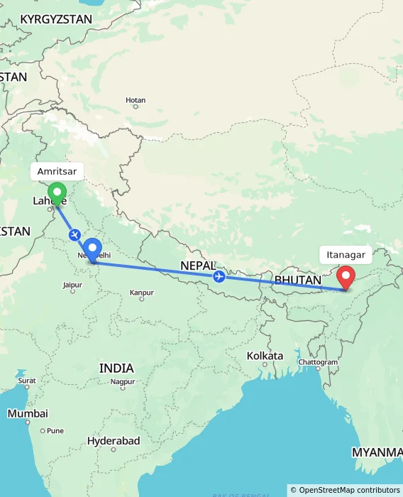 Route map showing distance and travel time from Amritsar, India to Itanagar, India