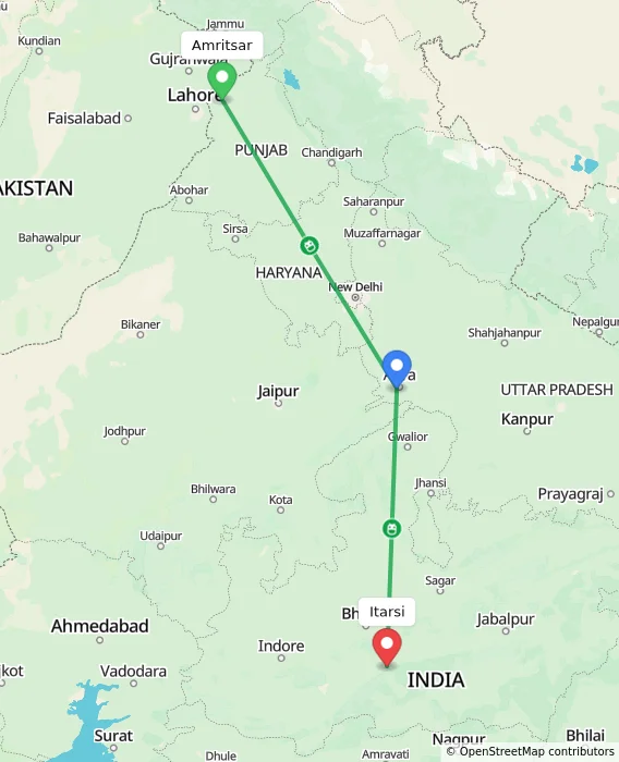 Route map showing distance and travel time from Amritsar, India to Itarsi, India