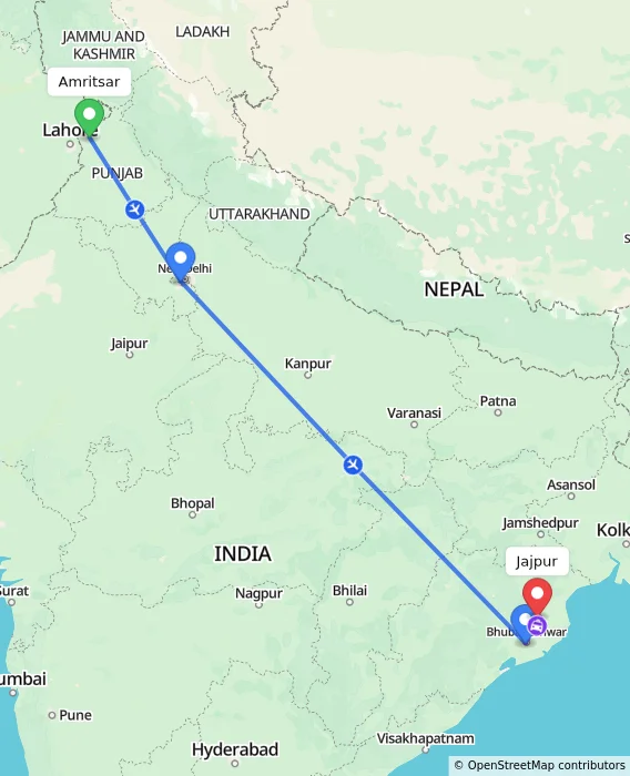 Route map showing distance and travel time from Amritsar, India to Jajpur, India
